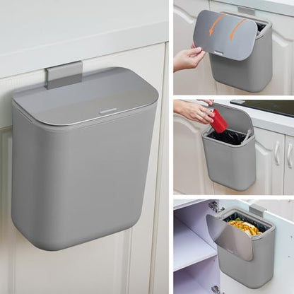 2.4 Gal/9L Hanging Trash Can, Stainless Steel Compost Bin with Lid & Hook, Small Garbage Can for Kitchen Counter, Bathroom Sink, Office Desk, Space-Saving Rubbish Bin - Grey - size: 2.4 Gallon / 9 Liter