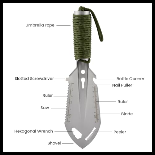 9‑in‑1 Mini Camping Shovel, Ultralight Backpacking Trowel Multitool - color: silver