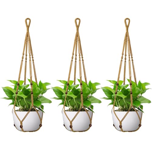 USLAI Macrame Plant Hanger, Fits 4 to 15 Inch Pots, 35 Inch, Brown, 3 Pack - color: Brown, size: 35+35+35 Inch