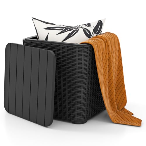 Tangkula 11.5 Gallon Water-proof Deck Box, Outdoor Patio Storage Box w/Removable Lid &, Faux Rattan Storage Container Side Table, All Weather Patio Furniture Extra Seat for Poolside (Black) - color: Black