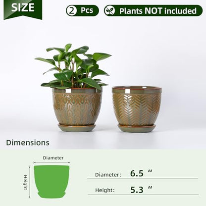 Sureasy 6.5 Inch Ceramic Plant Pots Set of 2, Green Embossed - color: Green, size: 6.5 inch