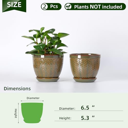 Sureasy 6.5 Inch Ceramic Plant Pots Set of 2, Green Embossed - color: Green, size: 6.5 inch