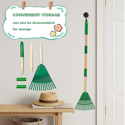 Kids Leaf Rake - 3-Section Adjustable Handle, Lightweight, Wood & Plastic, Small Garden Tool for Children (Green) - color: Green