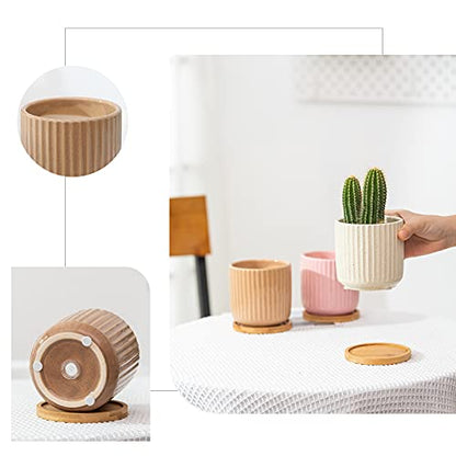 4 Inch Ceramic Multicolor Pots with Saucer and Drainage Hole, 4P - color: Stripe Multicolor