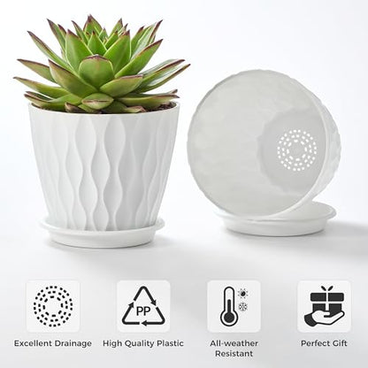 FaithLand 6-Pack 6-Inch Plastic Plant Pots with Saucers | Thickened PP Material, Modern Wave Texture, Enhanced Drainage for Indoor/Outdoor Garden Plants | White Value Set - color: White