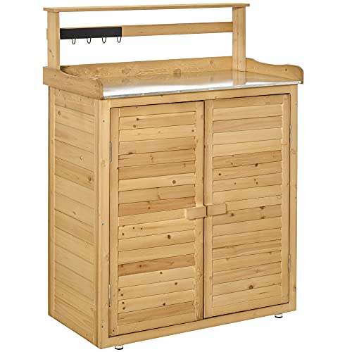 Garden Tool Storage Shed Cabinet with Work Table, 3-Tier Shelves, Magnetic Doors - Solid Fir Wood Outdoor Potting Bench, 34.25x17.75x47.25 Inches