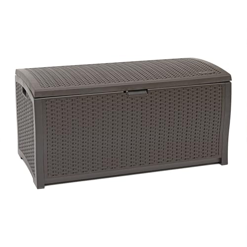 Suncast 99 Gal Wicker Resin Deck Box, Storage Chest Bin with Handles, Java - color: Mocha, style: Deck Box