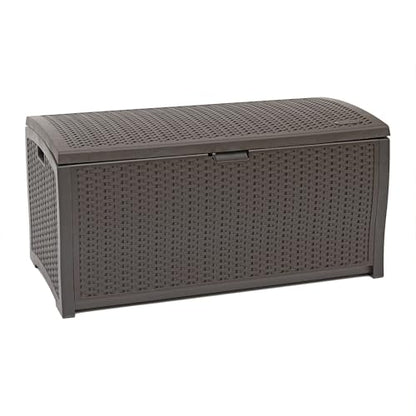 Suncast 99 Gal Wicker Resin Deck Box, Storage Chest Bin with Handles, Java - color: Mocha, style: Deck Box