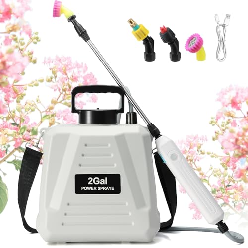 Battery Powered Sprayer 2 Gallon, Powerful Electric Garden Sprayer with 3 Mist Nozzles, USB Rechargeable Handle, Retractable Wand and Adjustable Shoulder Strap for Irrigation, Weeding (White) - color: White
