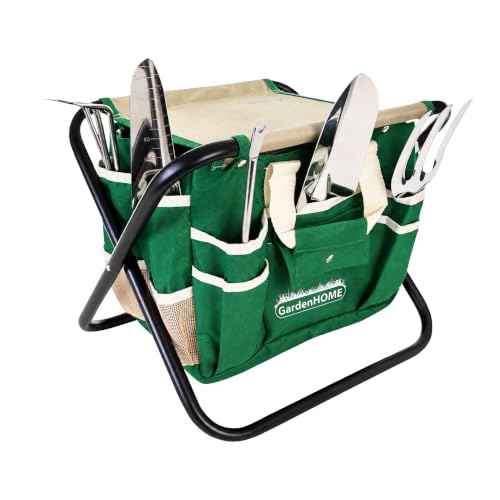 GardenHOME 7-Piece Gardening Tool Set with Folding Stool and Storage Tote Bag, Stainless Steel Garden Tools with Wooden Handles, Garden Kit for Planting, Weeding, Pruning, Yard Work, Gardening Gifts - style: 7piece