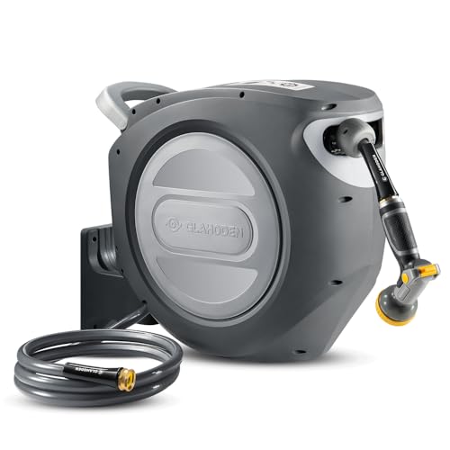 GLAHODEN Retractable Garden Hose Reel 1/2 in x 130 ft with Metal Bracket, 2026 Upgraded Dual Ratchet Lock UV & Freeze Protection Brass Seal Slow Retraction Anti-Tangle 180 Swivel - size: 1/2" 130FT Metal Bracket