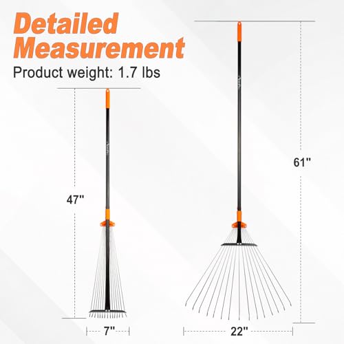 Leaf Rake for Lawns, Adjustable Garden Rake for Leaves with Long Handle, 61 Inches