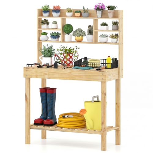 Giantex Potting Bench, Outside Solid Wood Potting Table with Flip-up Tabletop, Shelves, Indoor Outdoor Wooden Workbench for Patio Porch Balcony, Potted Plant Display Rack, 42"x18"x60", Natural - color: Natural, size: 42"x18"x60"