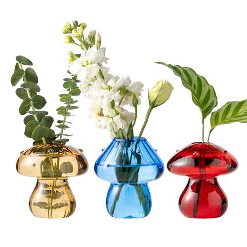 Mushroom Vases, Set of 3 Colored Plant Propagation Station, Mushroom Propagation Vase, Mini Terrarium for Plants, Cute Glass Hydroponic Vase for Flowers, Gifts for Women, Plant Lover (3)