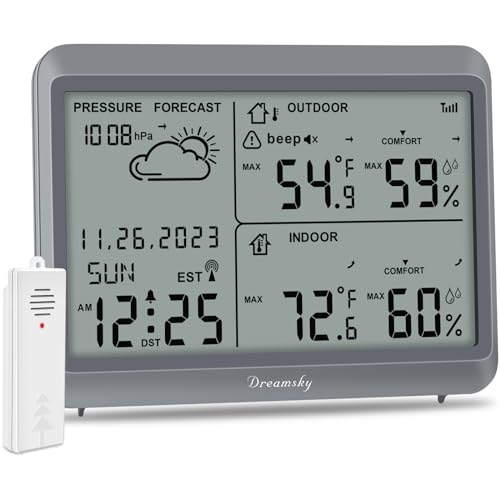 DreamSky Weather Station Indoor Outdoor Thermometer Wireless Battery Power - color: Grey