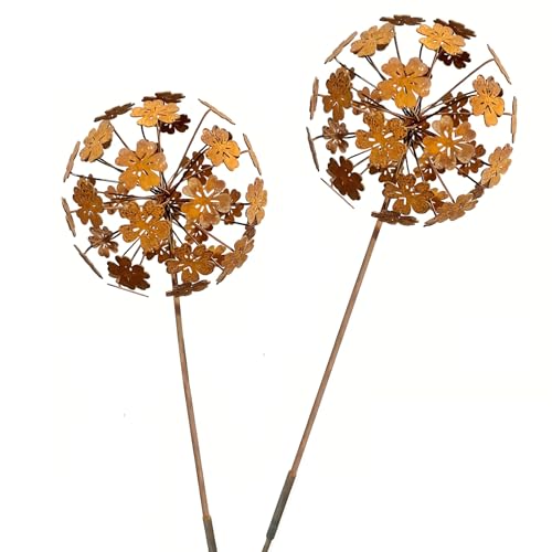 Rustic Dandelion Garden Stakes 2 Pack, 3D Rusty Metal Flowers Sculpture - color: Style 2
