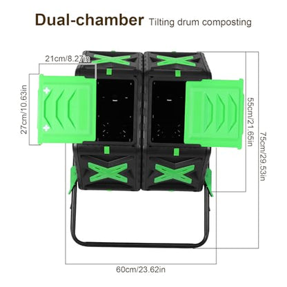 140L Dual Chamber Heavy Duty 360° Rotating Compost Tumbler Bin with Sliding Door Easy Setup Composter for Kitchen Garden Yard Patio Use