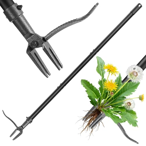 Stand Up Weed Puller Tool, 46" Adjustable Long Handle Garden Weeder with 4-Claw Root Remover, Heavy Duty Steel Dandelion Puller for Lawn, Garden, Yard & Outdoor Use