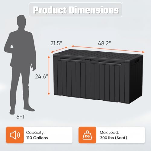 Greesum 110 Gallon Outdoor Storage Box with Lockable Lid, Dark Black