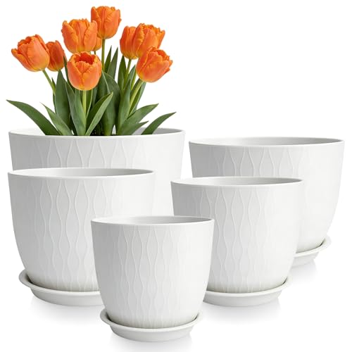 GARDIFE 5-Pack Plastic Plant Pots 7-10in with Drainage & Saucers, White - color: White