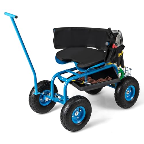 Giantex Garden Cart, Rolling Workseat with 4 Wheels, Tool Tray, Removable Cushion, Storage Basket, 2 Handles, Adjustable Height & 360 Swivel Work Seat, Gardening Stool for Patio Lawn (Blue & Black) - color: Blue & Black