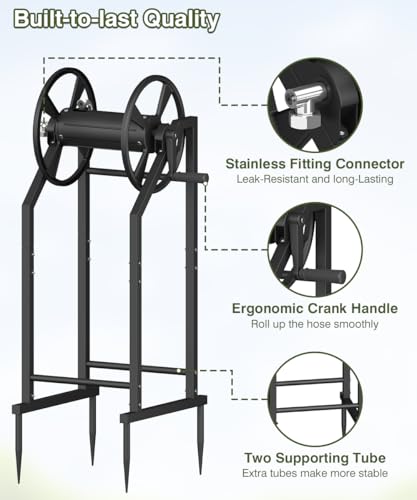 4-Spike Garden Hose Reel with 3.9ft Leader Hose & Stainless Fitting, Outdoor Hose Holder holds 125ft Hose of 5/8", Freestanding Metal Hose Stand for Outside Yard Lawn, Black - color: Black