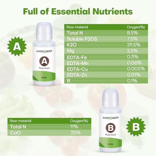 Ahopegarden 800ml A&B Hydroponic Nutrients: Hydroponic Plant Food for Aerogarden, Liquid Plant Food for Vegetables, Fruits, Flowers, ect - All-in-One Fertilizer Solution for Hydroponics Growing System - style: 8pcs Plant Food