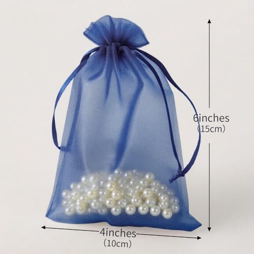 YHJZ 100PCS Navy Blue Organza Bags, 4x6 Inches Small Mesh Bags Drawstring, Jewelry Gift Bags for Birthday, Wedding, Graduation Party Favors - color: Navy Blue