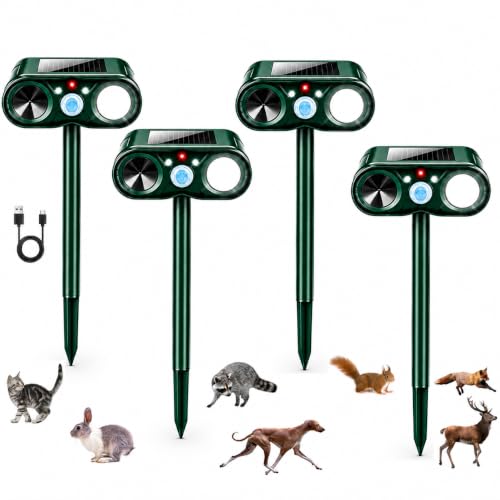 2026 Solar Ultrasonic Animal Repeller Outdoor for Cat,Rabbit,Squirrel,Raccoon,Sonic Deer Repellent Devices with USB Charging,Motion Sensor,Flash Light-IP65 Waterproof Animal Deterrent for Garden,4 Pcs