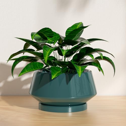 10 Inch Green Ceramic Planter with Drainage Hole and Saucer - color: Green, size: Large