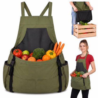 Gardening Apron with Pockets, Heavy Duty Canvas Harvest Apron - color: Green