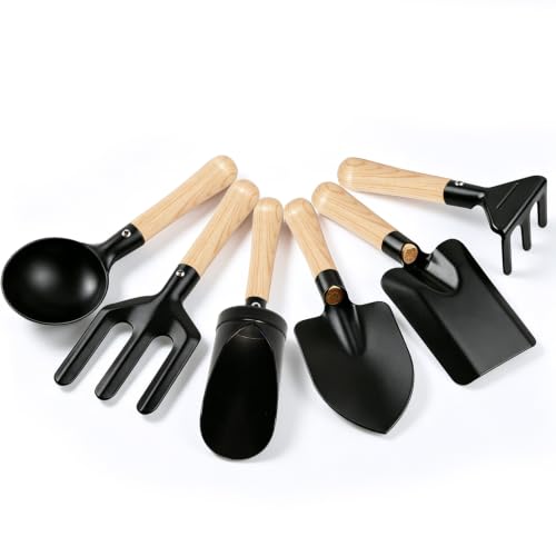 6PCS Black Kids Gardening Tools- Metal Head & Wood Handle- 8" Long Mini Rake & Shovel, Spoon & Fork- Funny Outdoor Play for Garden, Yard, Beach, Sand Box- Montessori Toys for Learning Plant, Digging - color: 6pcs black short garden tools