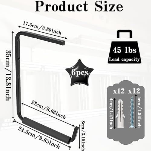 6 Pack Wall Mounted Overhead Garage Storage Hooks, 13.8 Inch Utility Ceiling Storage Rack, Heavy Duty Hangers & Organizer for Ladder, Wood, Tools, Garden Hose and Bike