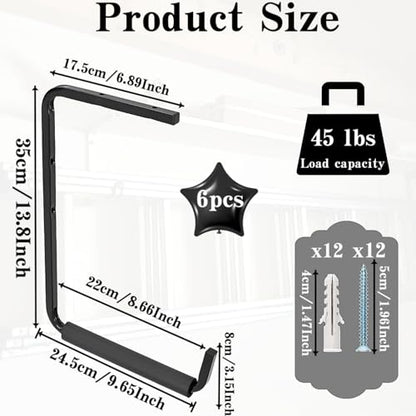 6 Pack Wall Mounted Overhead Garage Storage Hooks, 13.8 Inch Utility Ceiling Storage Rack, Heavy Duty Hangers & Organizer for Ladder, Wood, Tools, Garden Hose and Bike