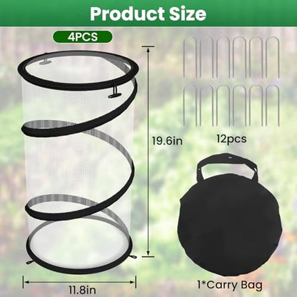 Erinaik 4 Pack Pop up Plant Guard Covers Tent from Animals White, 19.6" x 11.8" Foldable Plant Protectors Mesh Net, Garden Plant Enclosure Protection Cage with Stakes & Carry Bag for Outdoor Plants