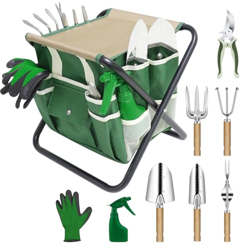 Garden Tool Set, 10 Piece Kit with Heavy Duty Folding Stool, Detachable Storage Tote Bag, Stainless Steel Tools, Gifts for Women Men Green - style: Green with Stool