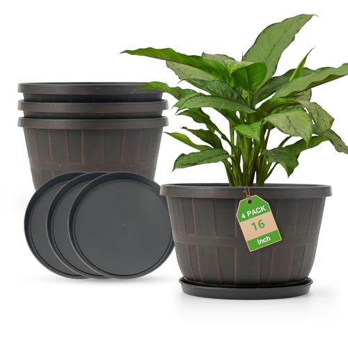 Quarut Plant Planters Pots Set of 4 Pack 16 Inch，Large Plastic Flower Pot - color: Brown, size: 16 inch-4 pack