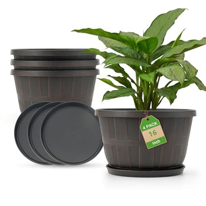 Quarut Plant Planters Pots Set of 4 Pack 16 Inch，Large Plastic Flower Pot - color: Brown, size: 16 inch-4 pack