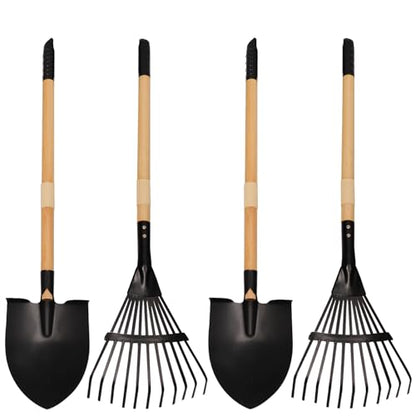 Kids Garden Tool Set, 4-Piece Rake and Shovel with Wooden Handles, 28 Inch Long, Black Metal Gardening Tools for Boys and Girls - color: 2pcs Rakes & 2pcs Shovels