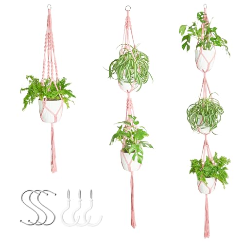 XXXFLOWER 3 Packs Pink Macrame Plant Hanger Bathroom Wall Decor Indoor Set - color: Pink