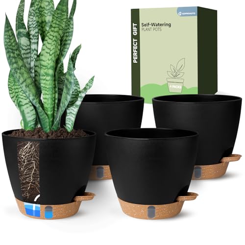 8 Inch Self Watering Pots for Indoor Plants, Plastic Planters with Deep Reservoir & Drainage Holes, Flower Pots for Monstera, Snake Plant & Peace Lily, Worry-Free Vacation Care (Black, 8 inch) - color: Black, size: 8 inch