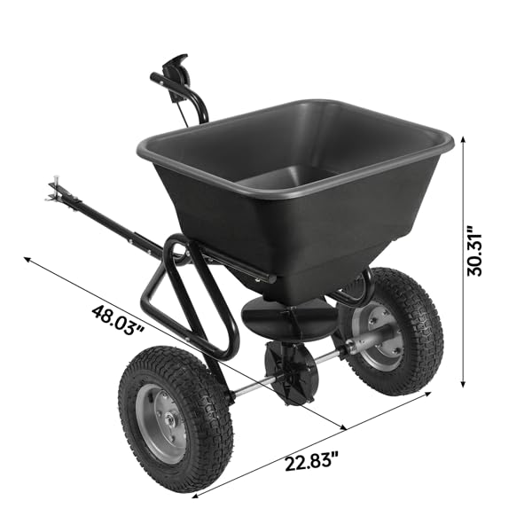 Tow Behind Broadcast Spreader, 110 lbs Capacity Tow/Push Lawn Spreader with 10 Adjustable Settings, for Seed, Fertilizer, Salt, Ice Melt, Garden & Lawn Care