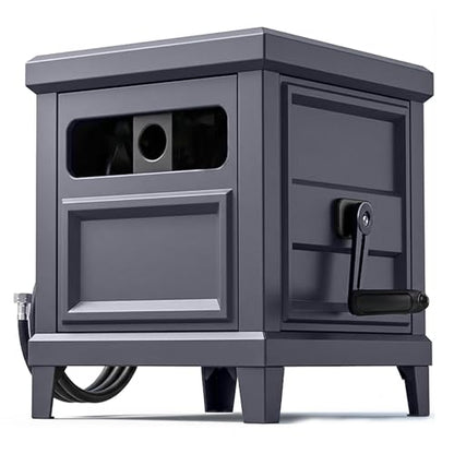 Garden Hose Reel Hideaway, Heavy Duty Metal Hose Reel Box Holds 125FT x 5/8" Hose, Steel Hose Storage Box with Manual Crank, Hose Guide and Leak-Proof Aluminum Connections, Stable 4-Leg Base - color: Dark Gray
