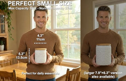 25DOL Small 30 Oz Engraved Ceramic Kitchen Canister, Airtight Bamboo Lid