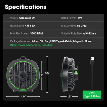 VIVOSUN AeroWave D4 Grow Tent Clip Fan with Detachable Hook, 4" Fan, 2-Pack - size: 4"-2 Pack
