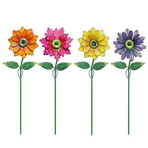 YEAHOME Garden Decor for Outside, 4 Pack 20'' Flower Garden Stakes for Spring Decor, Metal Flowers with Shaking Head Yard Art for Outdoor Lawn Patio Pathway Decorations - color: Multicolor