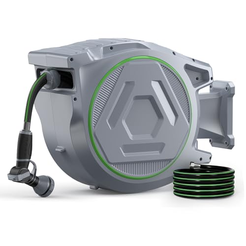 Etoolab Retractable Garden Hose Reel 100+6.6ft x 5/8 in with 9 Spray Nozzle - color: Grey
