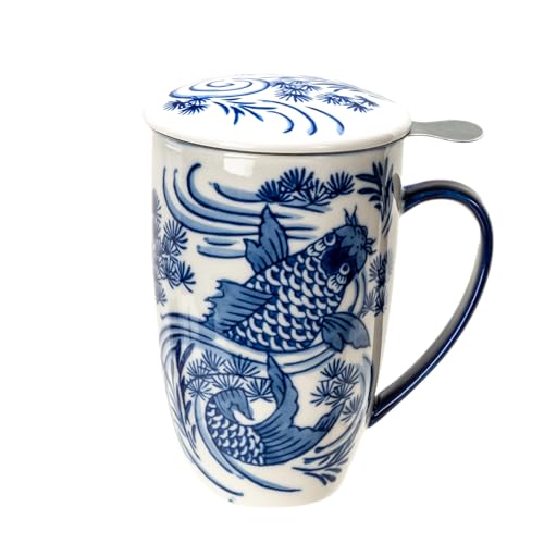 Tea Mug With Lid and Stainless Steel Infuser For Loose Leaf Tea Bag,15oz Tea Cup Porcelain, Hot Beverage Everyday Use Home Office, Gift Boxed (Koi Fish) - style: Koi Fish