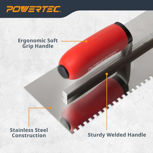 POWERTEC Square Notch Trowel - 3/16" x 3/16" Stainless Steel Square-Notch Tile Trowel with Soft Grip Handle for Thinset Mortar, Mastic & Tile Installation Work (72206) - style: 3/16" x 3/16" Square Notch