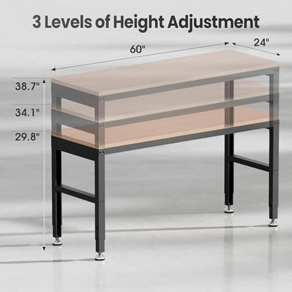 Antifir 60" Adjustable Workbench, Heavy Duty Wood Workstation - size: 60x24" No Socket